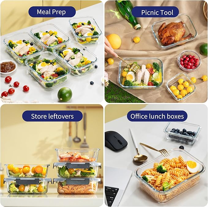MFY 10-Pack Glass Storage Containers with Lids, Glass Meal Prep Containers Set, Airtight Lunch Containers with Lids, Microwave, Oven, Freezer and Dishwasher Safe, White