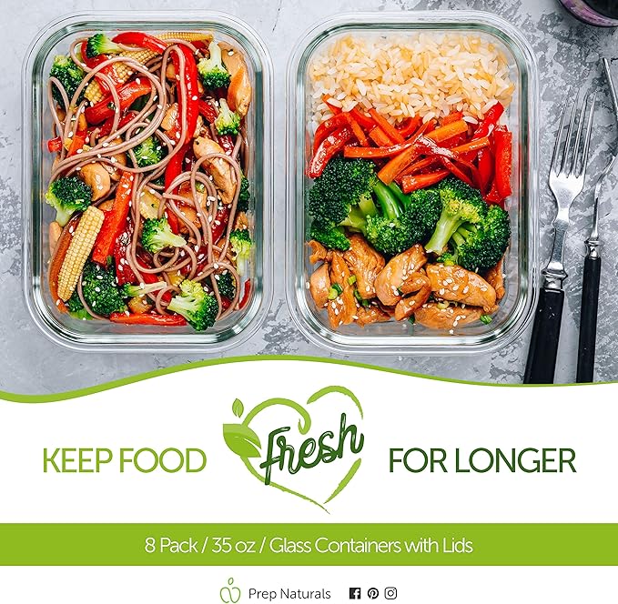 PrepNaturals 8 Pack 36 Oz Glass Meal Prep Containers - Dishwasher Microwave Freezer Oven Safe - Glass Storage Containers with Lids (Multi-Compartment)