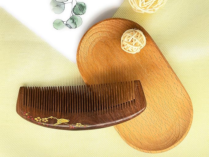 Handmade Wooden and Natural Sandalwood Combs Set - Detangling Fine Tooth Comb with Handle for Women, Anti Static Moon Shape Comb for Straight, Wavy, Dry, Thick or Fine Hair