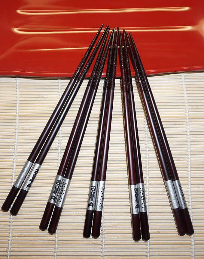 JapanBargain 4509x10, Bamboo Chopsticks Reusable Japanese Chinese Korean Wood Chop Sticks Hair Sticks 5 Pair Gift Boxed Set Dishwasher Safe, 9 inch, Silver-Cat, Set of 10