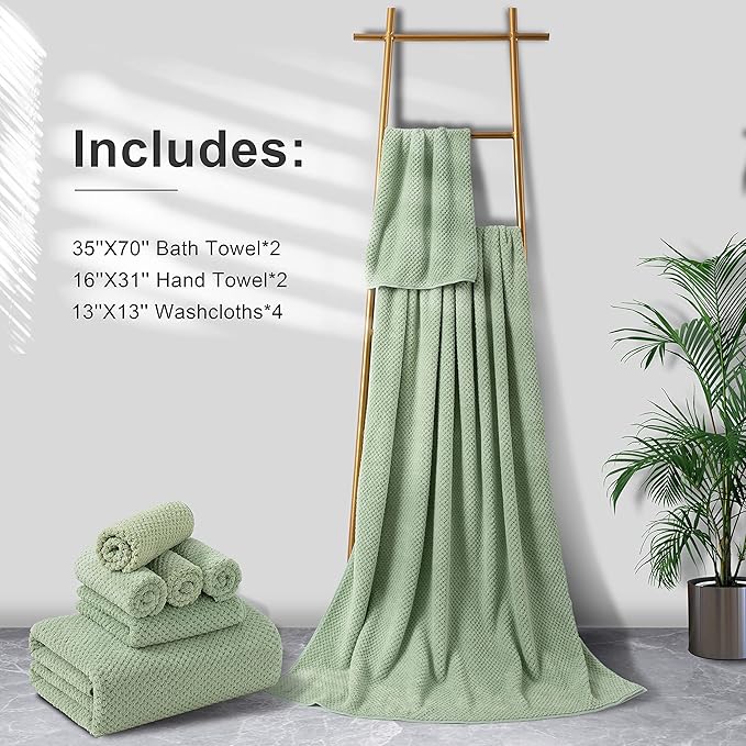 8-Piece Bath Towel Set, 2 Extra Large Bath Towel Sheets, 2 Hand Towels and 4 Washcloths - Highly Absorbent Quick Dry Microfiber,Ultra Soft Towel Set for Bathroom, Waffle Weave Design, Pack of 8, Green