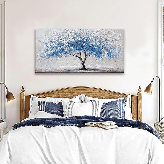 Suconvng Wall Art Blue Tree Of Life Canvas Art Wall Decor Painting Picture Modern Wall Art Prints Landscape Picture For Bedroom Bathroom Office Home Decor 20"×40" Ready To Hang