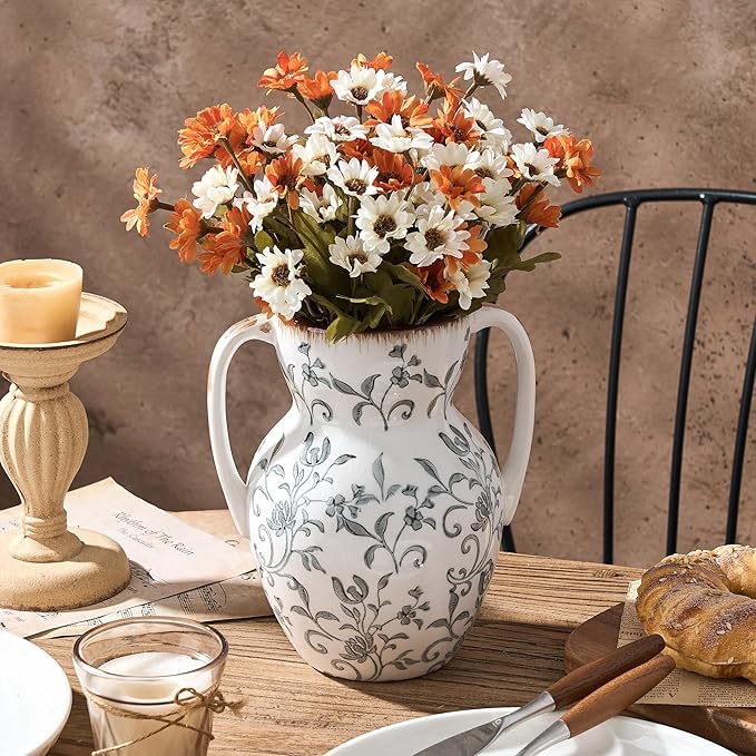 Gray and Beige Farmhouse Vintage Vase with 2 Handles, Chinoiserie Floral Vase, Rustic Ceramic Vases for Home Decor, Wedding, Living Room, Table, Shelf Decor - 8.3 Inch Tall