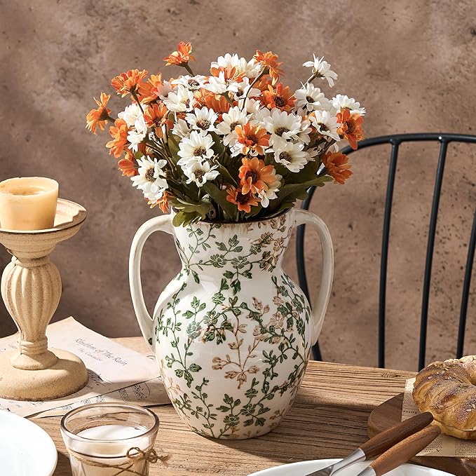 Green and Beige Farmhouse Vintage Vase with 2 Handles, Chinoiserie Floral Vase, Rustic Ceramic Vases for Home Decor, Wedding, Living Room, Table, Shelf Decor - 8.3 Inch Tall