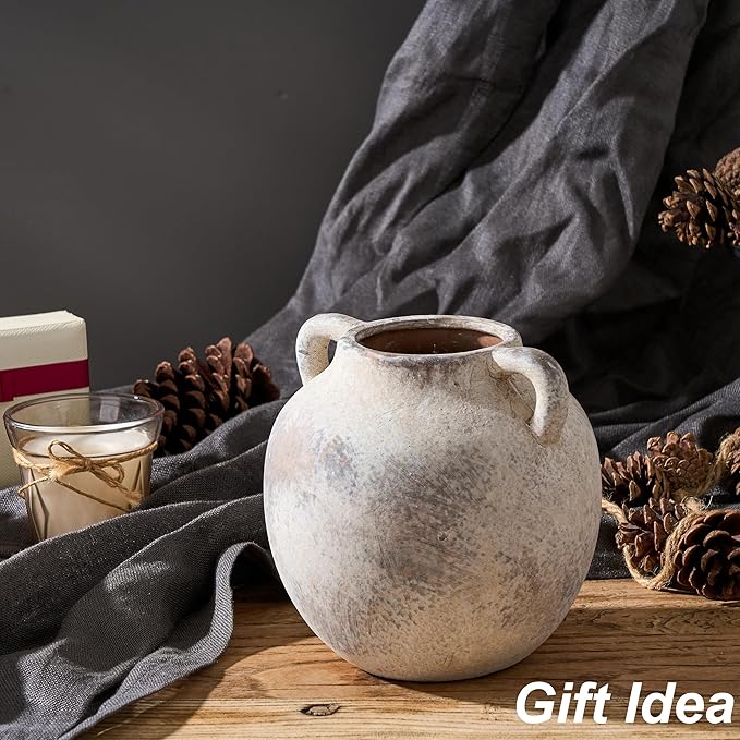 Antique Ceramic Vase, 5.8 Inch Terracotta Vase with Handles, Decorative Rustic Vase for Home Decor, Farmhouse, Living Room, Table, Bedroom, Entrance, Office - Gray