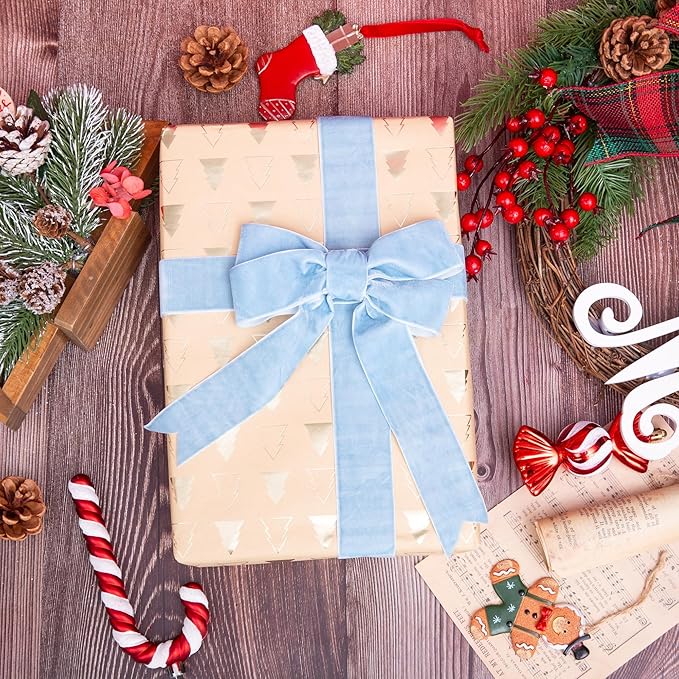 Vintage Sky Blue Velvet Ribbon Christmas Ribbon for Gift Wrapping Crafts Christmas Tree Ornaments Garland Decorations, 1-1/2 Inch X 25Yd