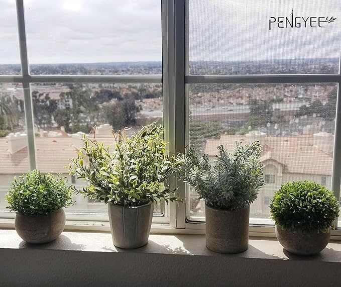 4 Pack Small Fake Plants in White Pulp Pot for Home Decor, Artificial Plants Indoor, Small Faux Plants Indoor for Bathroom Bedroom Kitchen Office Farmhouse Room Shelf Decor