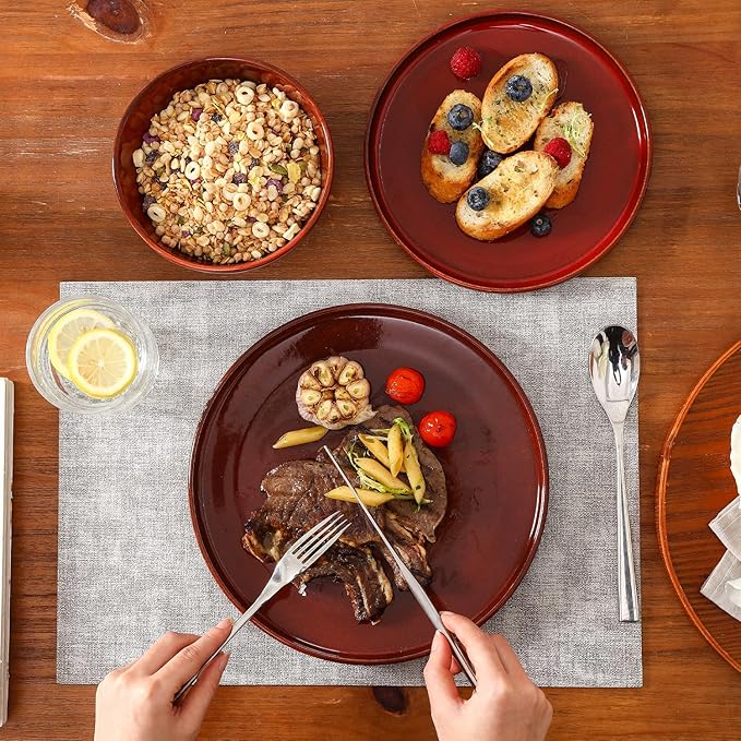 Vicrays Ceramic 12 Pieces Dinnerware Set - Dinner Plates Salad Plates Cereal Bowls Set Service for 4 - Scratch Resistant Microwave Oven Dishwasher Safe - Cherry Red