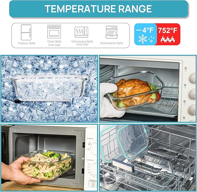 Vtopmart 2Pack 2260ml/ 76.4oz Large Glass Containers Food Storage with Lids, Meal Prep Food Container Set with Snap Airtight Lid for Baking, Microwave, Oven, Leak Proof, for Freezer, Dishwasher, Green