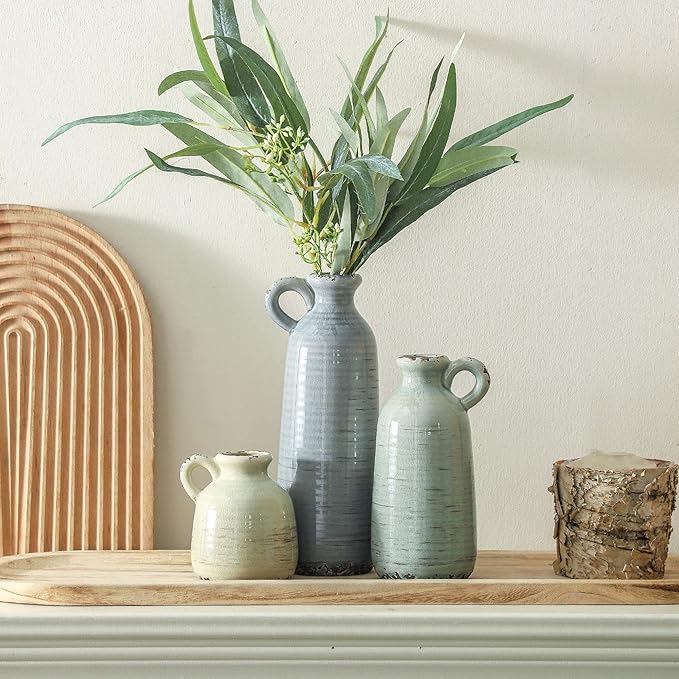 Ceramic Vase Set of 3 | Neutral Vase Home Decor with Handle | Pottery Modern Farmhouse Vases Pampas Grass Flower Vases for Home Decor Table Living Room Centerpieces Mantel Decor - Multicolor