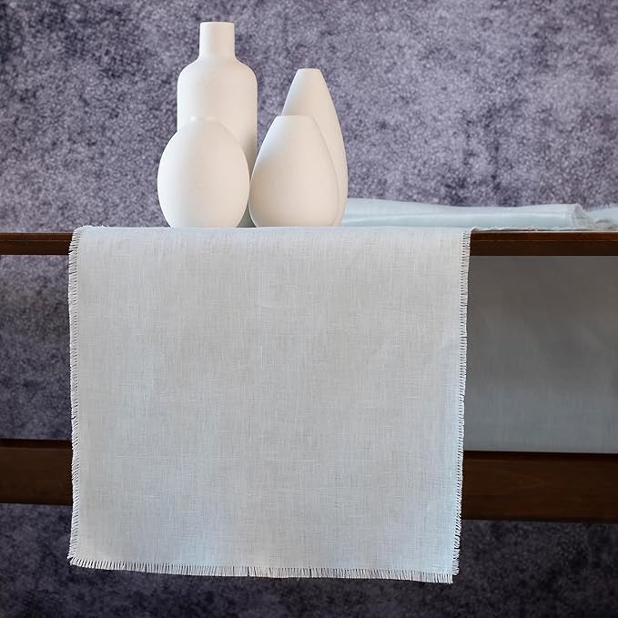 Christmas Table Runner with Fringe- 14x108 Inch Long Blue 100% Pure Linen Runner for Table, Light Blue Table Runner for Spring and Summer – Machine Washable, Handmade