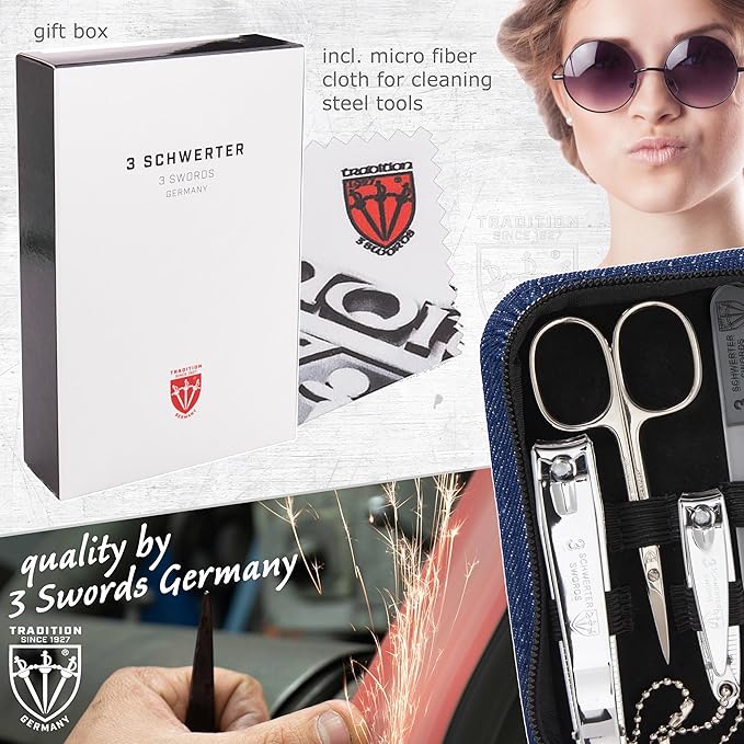 3 Swords Germany - brand quality 8 piece manicure pedicure grooming kit set textil case jeans blue - Made in Germany