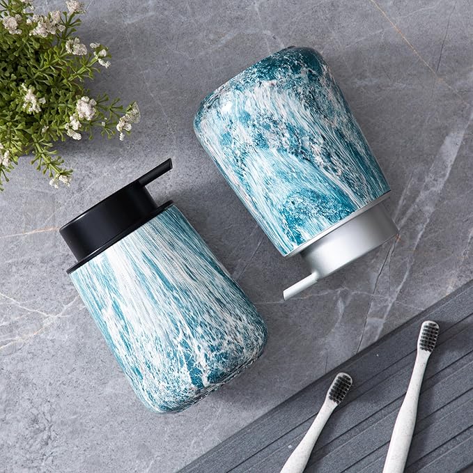 Enra Ceramic Hand Soap Dispenser,12 oz Blue Lotion Dispenser Bathroom Liquid Refillable Dish Soap Dispenser for Bathroom Kitchen with Easy-to-Press Silver Pump (Blue Liquid Type)