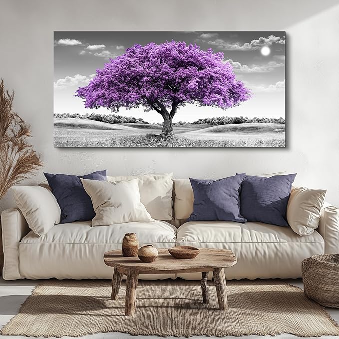 Canvas Wall Art for Living Room Large Wall Decor for Office Modern Bedroom Decorations Purple Tree Landscape Pictures Black and White Paintings Artwork Room Wall Mural Farmhouse Home Decor