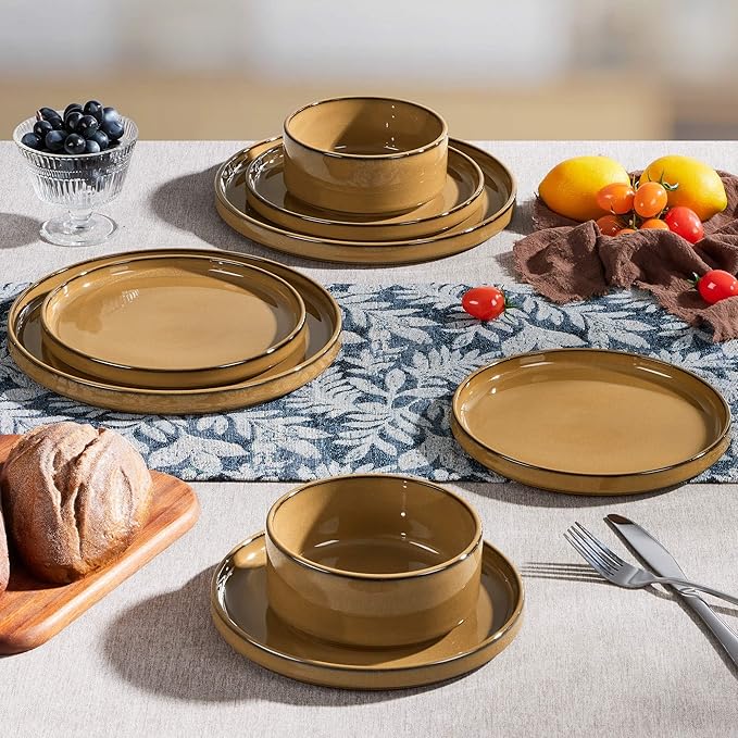 Herogo 12 Pieces Stoneware Dinnerware Set for 4, Ceramic Dinner Dishware Sets for Home Kitchen, Plates and Bowls with Rustic Terracotta Bottom, Dishwasher & Microwave Safe, Earthen Brown
