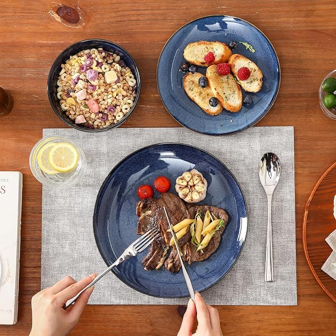 Vicrays 12-Piece Ceramic Dinnerware Set, Dinner Plates, Salad Plates & Cereal Bowls, Dish Set for 4, Microwave, Oven & Dishwasher Safe, Scratch Resistant, Blue