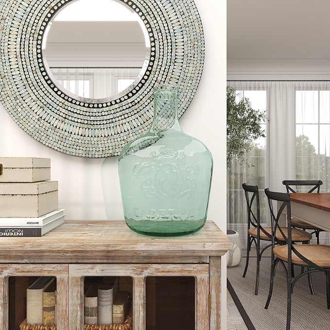 Deco 79 Recycled Glass Handmade Decorative Vase Spanish Bottle Centerpiece Vase with Cabernet and Scroll Design, Flower Vase for Home Decoration 12" x 12" x 17", Clear