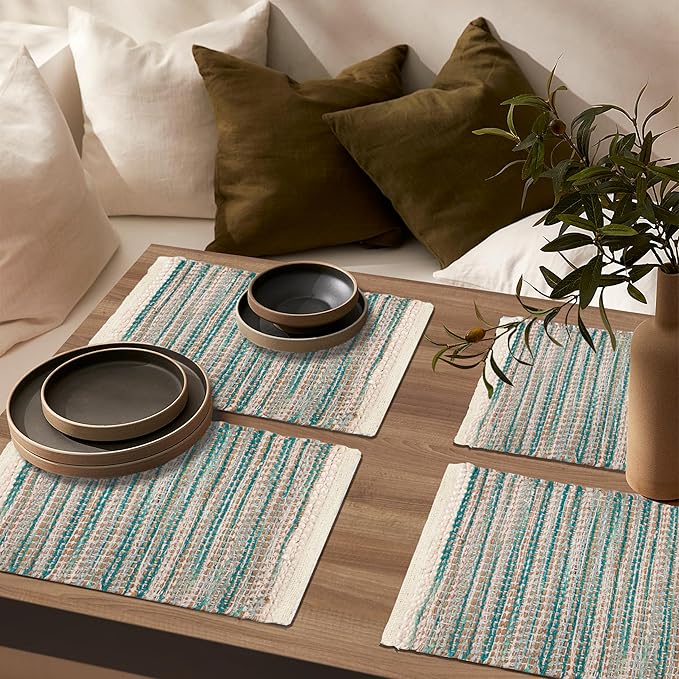 Hausattire Woven Table Placemats Set of 4 - Teal, Jute Boho Outdoor Table Mats for Kitchen Dining Decoration | Heat Resistant Farmhouse Rustic Dinner Placemat for Thanksgiving Decor - 13x19 Inch