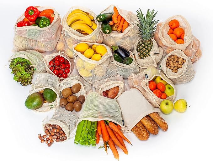 17 Reusable Cotton Mesh Produce Bags - 100% Organic Cotton, Durable, Double Stitched, Washable with Tare Weight & Drawstring - Mesh Bags for Grocery Shopping, Vegetables & Fruits, produce bgs 4 sizes