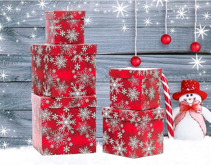 UNIQOOO 5PCS Christmas Nesting Gift Boxes with Lid, Xmas Nested Box Set, 5 Sizes, Square Stackable, Red White Snowflake Candy Cane Paper Box Tower Décor, for Holiday Thanksgiving New Year Packaging