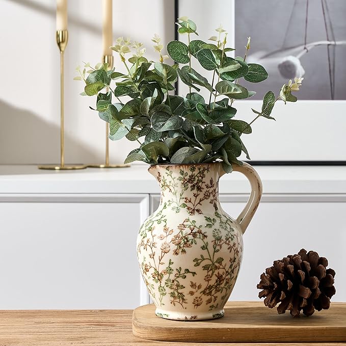 SIDUCAL Ceramic Vase with Handle, Vintage Vase, Chinoiserie Floral Vase for Home Decor, Table, Living Room, Shelf, Christmas Decoration (Green and Beige)