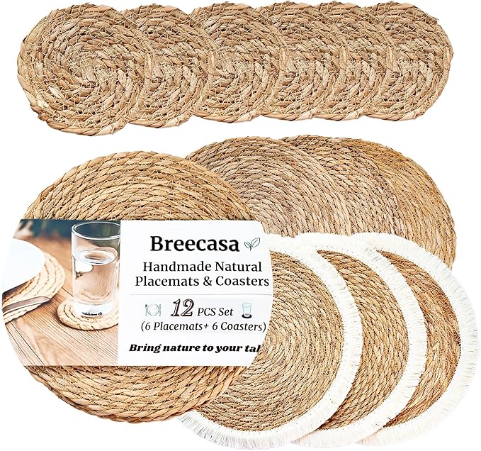 13" Round Woven Jute Placemats Set of 12 with Coasters, Mixed Fringe and Classic Braided Seagrass Boho Farmhouse Table Mats for Dining Table Decor