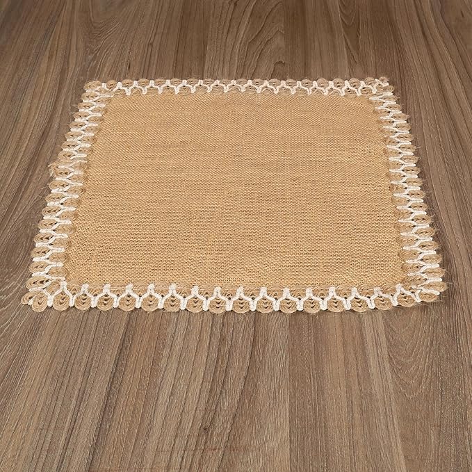 Hausattire Jute Burlap Placemat 13x19 Inches - Natural, Lace Design Edges Table Mats for Bar Table Indoor Outdoor Rustic Thanksgiving Farmhouse Kitchen Coffee Dinner Table Decor Mats - Set of 4