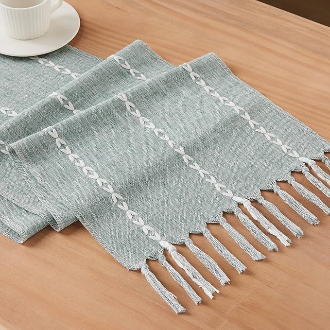Braided Farmhouse Table Runner,Braided Dusty Blue 13x60 Inch, Cotton Linen Table Runners 60 Inches Long, Embroidered Striped Dusty Blue Boho Table Runner Rustic Home Decor