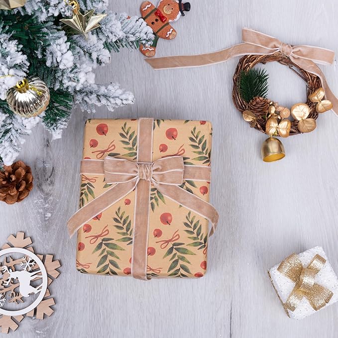 Vintage Camel Velvet Ribbon Christmas Ribbon for Gift Wrapping Crafts Christmas Tree Ornaments Garland Decorations, 5/8 Inch X 25Yd