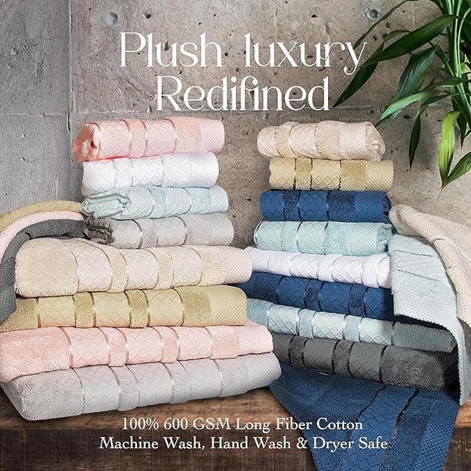 Premium Towel Set: Super absorbent, quick-drying, soft, plush. Features hanging loop, fade-resistant, eco & skin-friendly dyes. Luxury dobby design for bath or spa. (Blue, Bath Towel Set of 4)