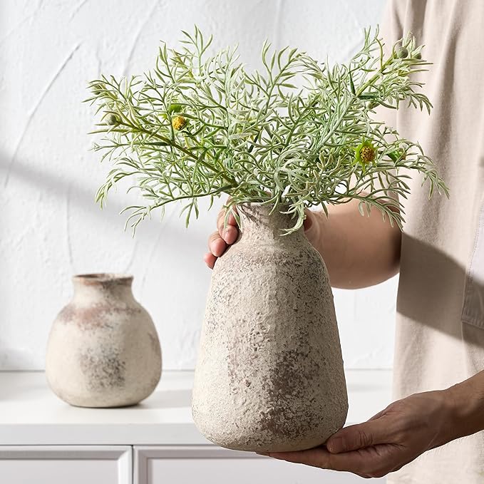 Ceramic Vase Set of 2 for Home Decor, Handcrafted Vintage Terracotta Vases, Rustic Farmhouse Decor, Minimalist Decorative Vase Set for Table Centerpiece Fireplace Nightstand Decoration - Brown