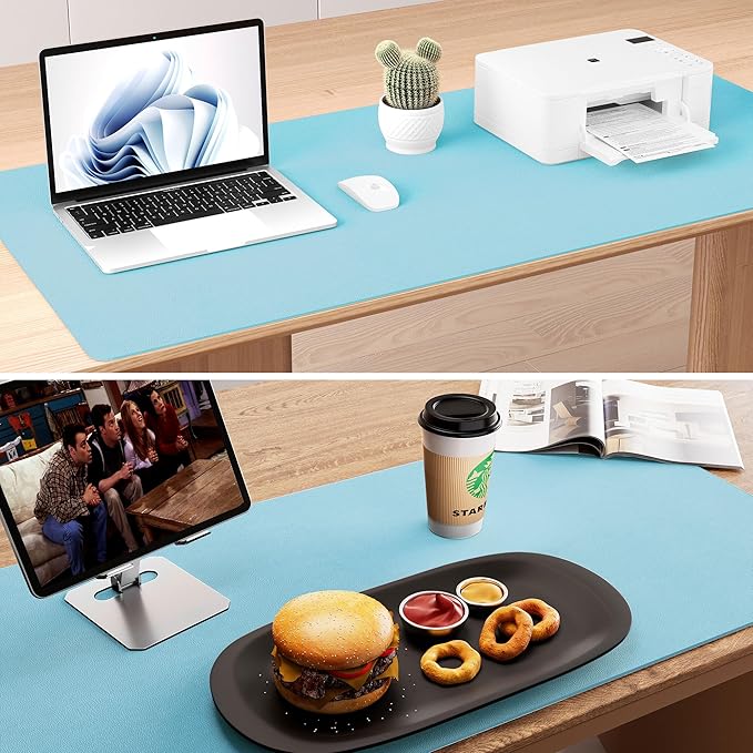 Aothia Double-Sided Desk Pad – 37.8"x17" Leather Desk Mat with Eco Cork Protector, Large Mouse Pad, Waterproof Desk Blotter for Office/Home (Blue Topaz)