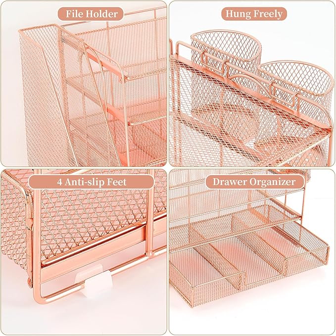 OPNICE Desk Organizer and Accessories, 4-Tier Desktop File Organizer with Drawer and 2 Pen Holders, Office Desk Accessories, File Sorters, Workspace Organizers for Office Supplies(Rose Gold)