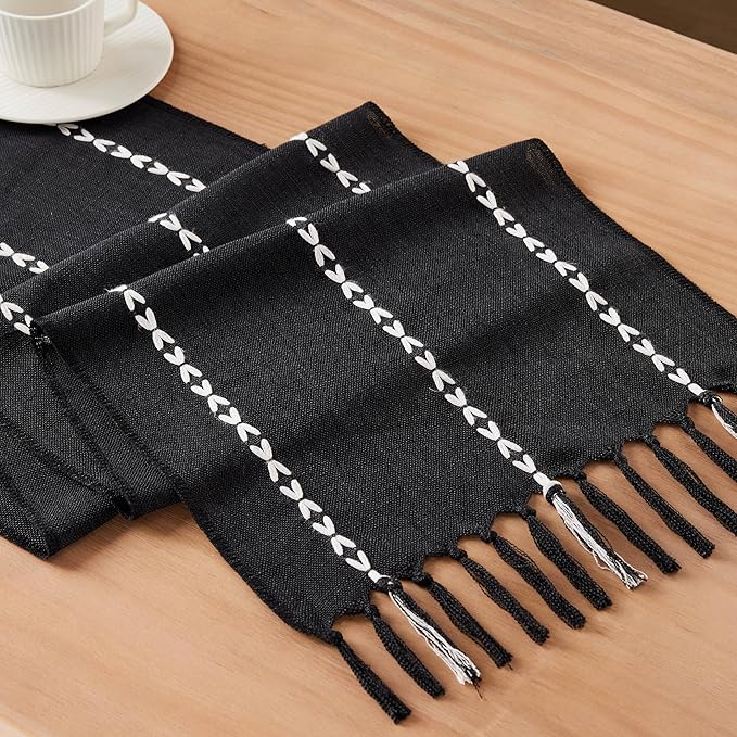 Braided Farmhouse Table Runner,Braided Black 13x90 Inch, Cotton Linen Table Runners 90 Inches Long, Embroidered Striped Black Boho Table Runner Rustic Home Decors