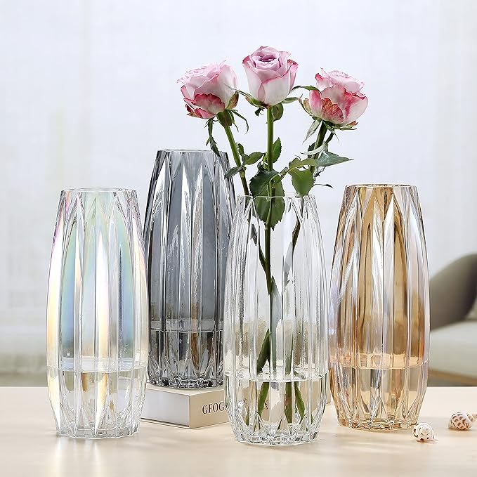 Glass Vase - Modern Ribbed Glass Vase for Flowers, Candles, and Decorative Accents -Black Grey, Amber, Clear and Colored Tall/Short Glass Vase for Centerpieces Home Table Decor (Colored, H-11.8inch)