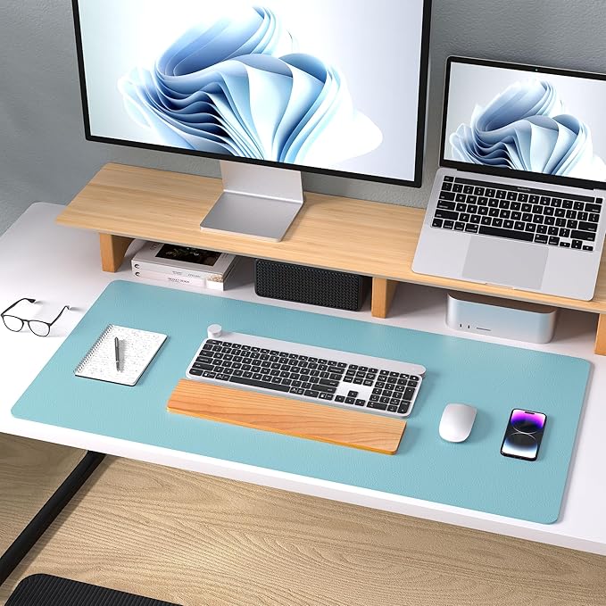 Aothia Large PU Leather Desk Pad Protector – Non-Slip Mouse Pad & Writing Mat for Office/Home, Waterproof, Easy to Clean(23.6" x 13.7", Blue Topaz)