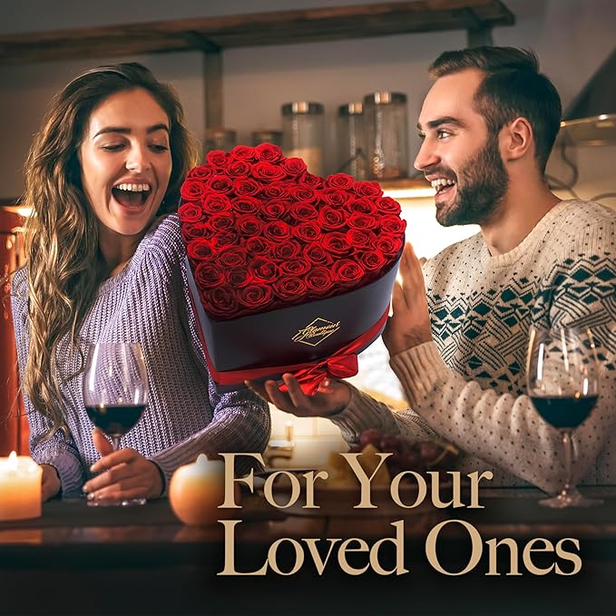 GLAMOUR BOUTIQUE 50 Flower Forever Heart Shape Box - Preserved Roses Gift for Her, Preserved Flowers, Red