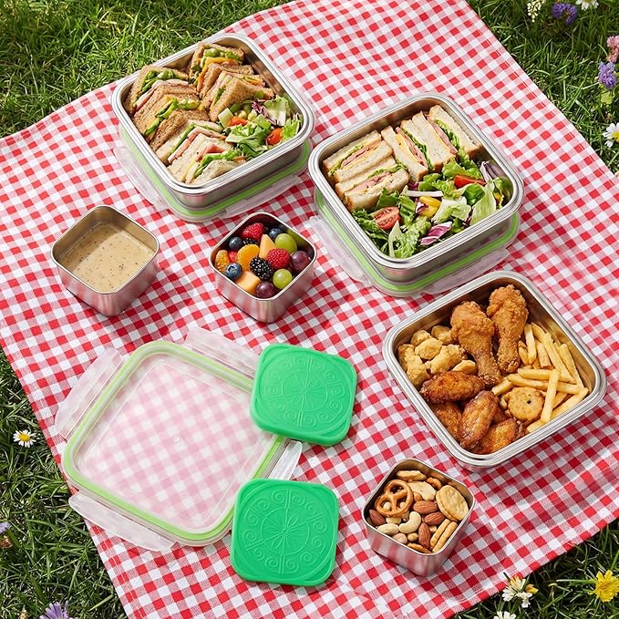 4 Pack Sandwich Containers for 25 Oz and 4 Pack Snack Boxes for 6 oz Stainless Steel Containers with Silicone Lids Reusable Metal Lunch Boxes Dishwasher Safe to Meal Prep Food Storage