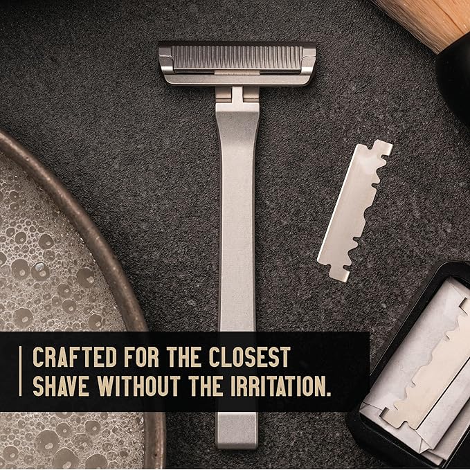 PROOF Select Single Blade Razor for Men with Pivoting Head Made in USA - CNC Machined Aluminum Easy Blade Replacement - Includes Genuine Leather Travel Case, Suction Cup Holder and Safety Razor Blades