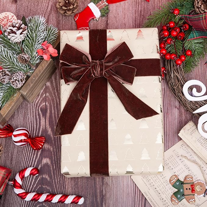 Vintage Brown Velvet Ribbon Chocolate Christmas Ribbon for Gift Wrapping Crafts Christmas Tree Ornaments Garland Decorations, 1-1/2 Inch X 25Yd