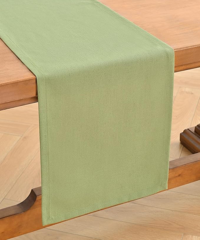 Wracra Linen Style Table Runner, Rustic Farmhouse Sage Green Table Runners 108 Inches Long, Handcrafted Table Runner for Fall, Winter - Everyday Use and Machine Washable