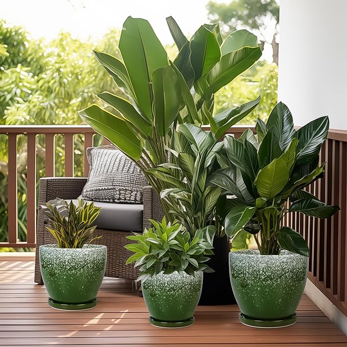 10 Inch Plant Pot - Ceramic Planters for Indoor Plants Outdoor, Large Planter with Drainage Hole and Saucer, Decorative Round Flower Pots, Garden House Decor, Gifts for Plant Lovers, Green