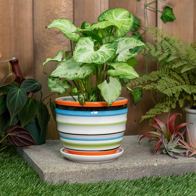 Napco Ribbed Coral, Blue, and Green 4 x 5 Inch Ceramic Flower Pot Planter with Saucer