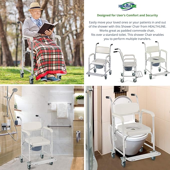 HEALTHLINE Shower Bedside Commode Chair Padded Seat With Wheels by Healthline, Medical Commode Toilet Rolling Shower Chair With Casters (4 Wheels Brakes), Commode Padded Backrest and Seat