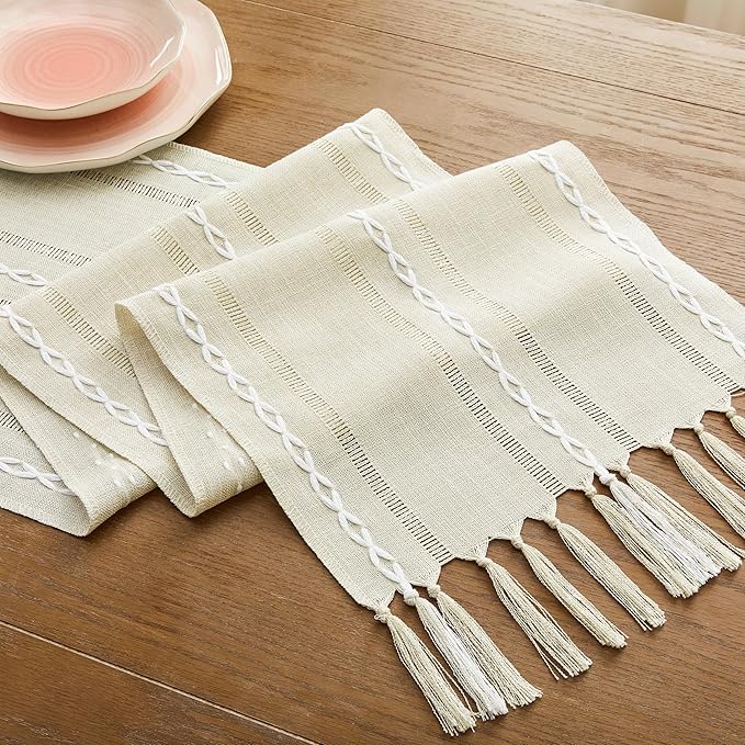 Hemstitched Farmhouse Table Runner, Beige 13x90 Inch, Cotton Linen Table Runners 90 Inches Long, Embroidered Striped Beige Boho Table Runner Rustic Home Decor
