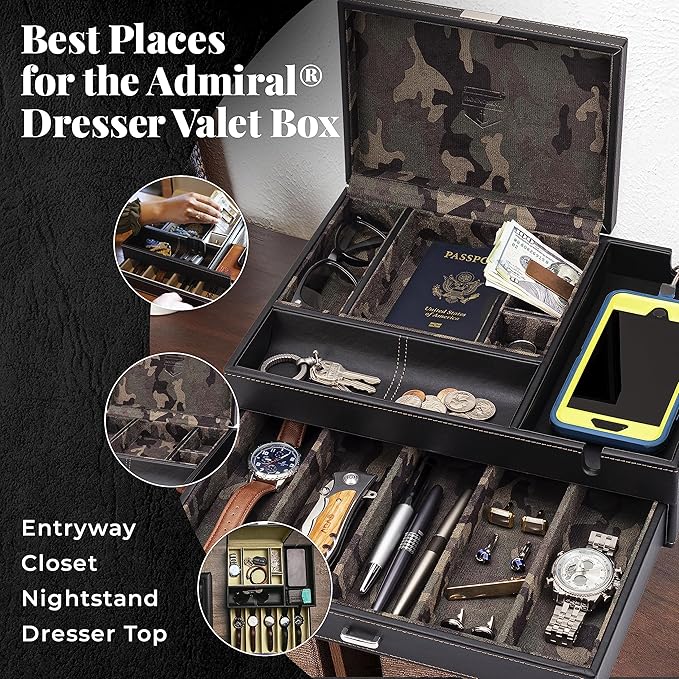 HOUNDSBAY Admiral Dresser Valet Box, Camo Gifts for Men, Mens Jewelry Box Organizer, Watch Box Organizer for Men