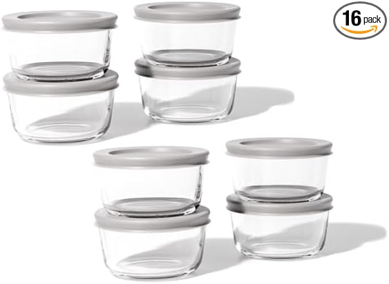 DURA LIVING 16-Piece Glass Food Storage Containers Set (8 Containers + 8 BPA-Free Lids) | 7-Ounce, Leakproof | Microwave, Freezer, Oven & Dishwasher Safe | Ideal for Meal Prep & Pantry Organization
