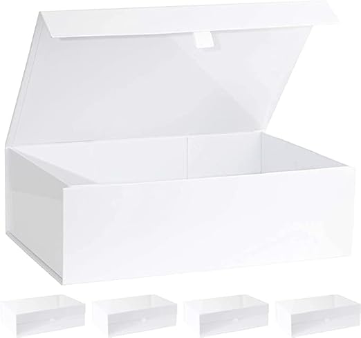 Purple Q Crafts White Hard Gift Box With Magnetic Closure Lid 14" x 9" x 4" Rectangle Favor Boxes With White Glossy Finish (5 Boxes)