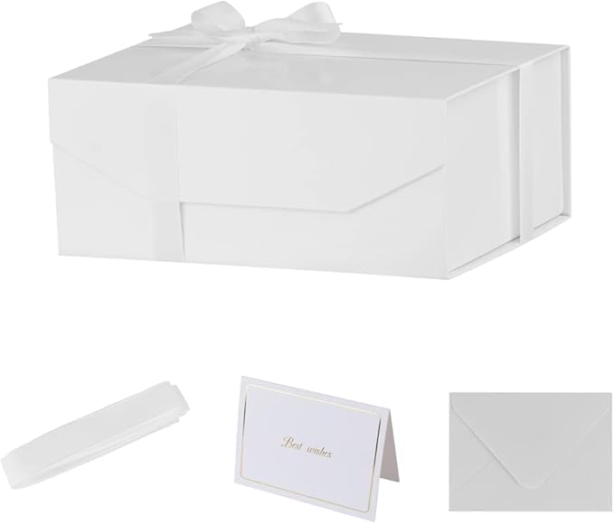 1PCS White Gift Box with Ribbon 9.5x7x4 Inches，Sturdy Gift Box with Lid for Gift Packaging, Foldable Magnetic Closure Storage Boxes, Bridesmaid proposal box, Rectangle Collapsible Box