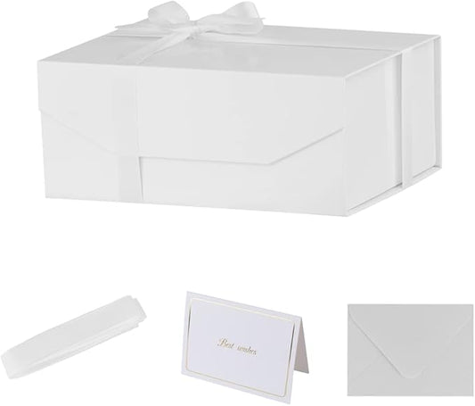 1PCS White Gift Box with Ribbon 9.5x7x4 Inches，Sturdy Gift Box with Lid for Gift Packaging, Foldable Magnetic Closure Storage Boxes, Bridesmaid proposal box, Rectangle Collapsible Box